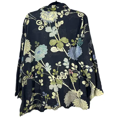 Citron Santa Monica Textured Silk Butterfly Floral Button Blouse Size 3X Black