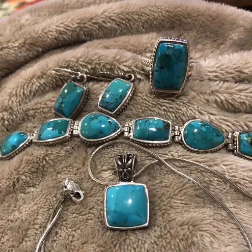Sterling Silver Barse Turquoise Necklace Earrings Bracelet Ring Rope Accent Set
