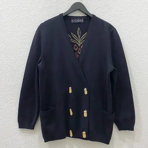 Vintage ESCADA Black Double Breasted Embroidered Back Cardigan Sweater Size 40