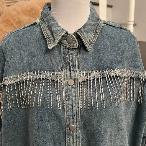 Vocal NWOT Rhinestone Fringe Denim Shirt Jacket Size Large
