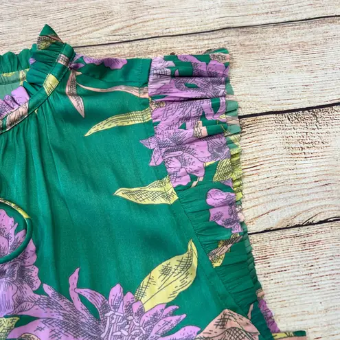 Green Floral Ruffle Neck Tie Front Sleeveless Blouse Top Women's