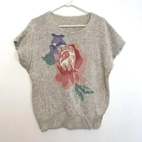 VINTAGE KORET Cream Beige Floral Short Dolman Sleeve Linen Cotton Sweater PETITE Pink Size undefined