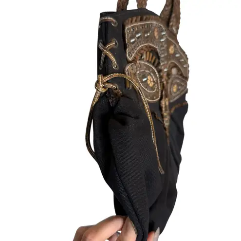 Braccialini Tua Canvas Beaded Embellished Stud Black Tote Brown Leather Detail