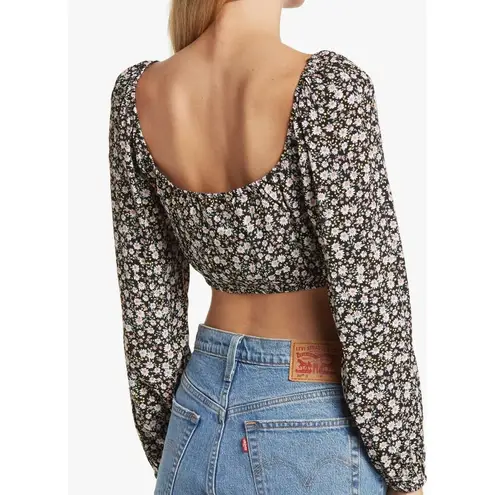 Nordstrom   Purple Navy Floral Milkmaid Crop Top LARGE Pansy Long Sleeves NEW