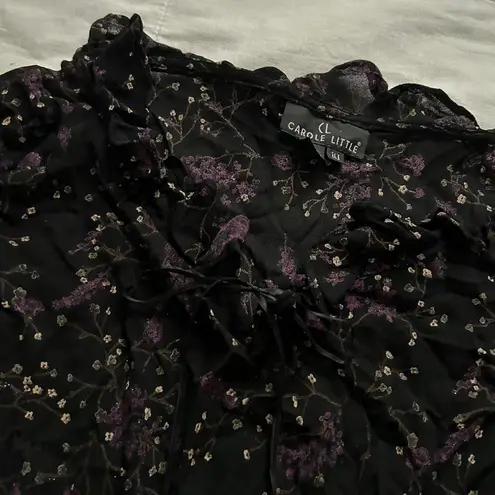 Vintage Carole Little Black and purple floral peasant top with ruffle neckline Size 10