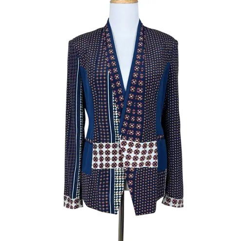 Central Park West Blazer Jacket Womens Small Navy Blue 100% Silk Geometric Open