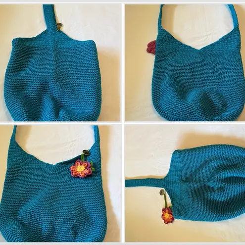 The Sak  Bucket Bag Turquoise Blue Crochet Crossbody Hobo Bag with Flower Charm