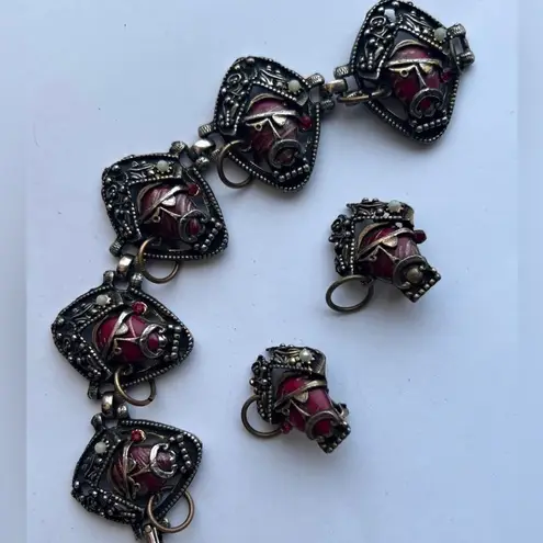 Vintage Selro Pirate Face Red Rhinestone Gold Brass Bracelet & Earrings Set Silver
