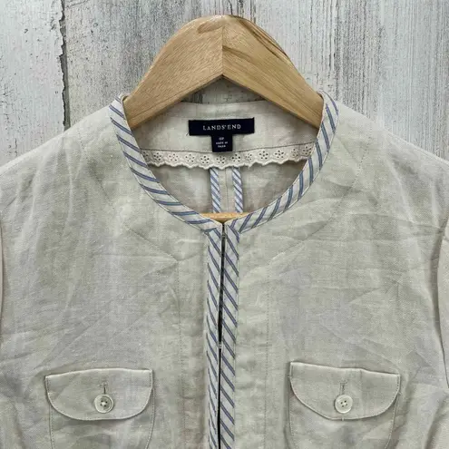 Lands' End Clasp Front Jacket 10P Tan Linen Pockets Nautical Coastal Grandma