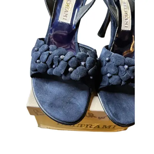 BELTRAMI Suede Sandals Navy Blue 3D Floral Design Sling Back Italy EU 38 US 7.5