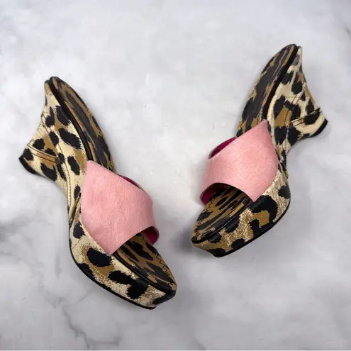 Casadei Pink Calf Hair Leopard Print Denim Jean Mule Platform Wedge Sandals 6.5