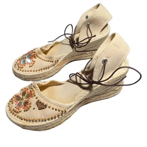 Vtg Y2K Roxy Ivory Canvas Beaded Shell Embellished Espadrille Sandals Sz 7 Brown