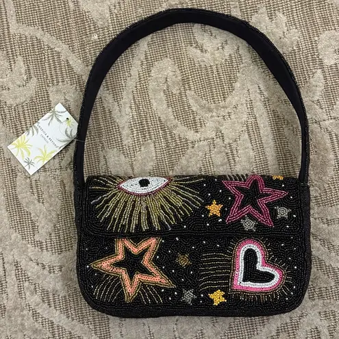 NWT Stars Hearts Eye Black Beaded Shoulder Bag Green America & Beyond Brand New