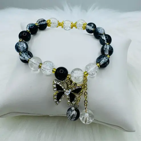 Gradient Black Beaded w/ Sparkly Bow Charm Bracelet