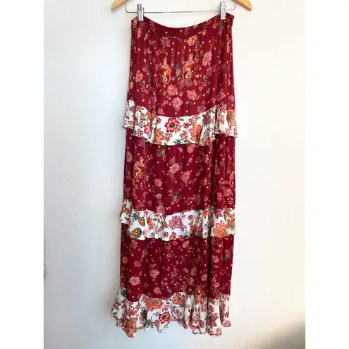 Farm Rio Antrhopologie Portia Red Ruffle Floral Maxi Skirt