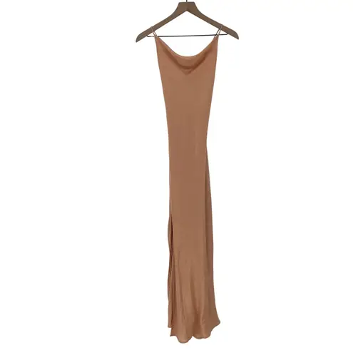 ASSENZA Satin Slip Dress Peach Cowl Neck Spaghetti Strap Tie Back Maxi Orange