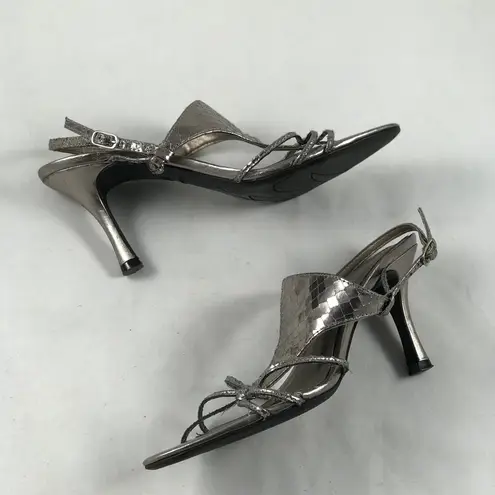 Fioni 7.5  Silver Snakeskin peep toe 3” Heels