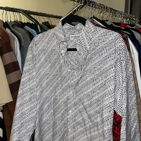 Balenciaga Micro Brand Print Cotton Blouse White Black Logo Button Down