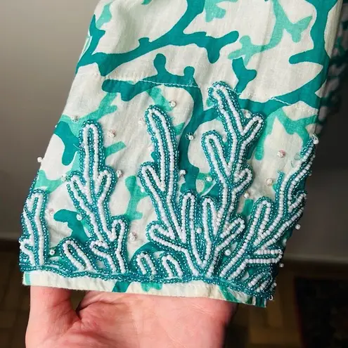 Barbara Gerwit White and Teal Beaded Cover Up Tunic Green Size M