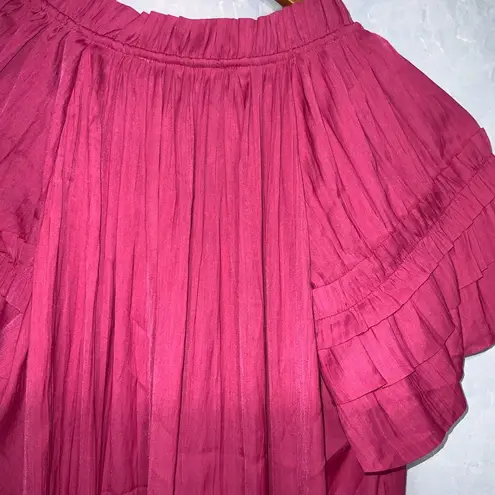 Catherine Malandrino Hot Pink Silky Satin Short Ruffle Sleeve Tie Neck Blouse L