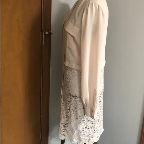 BCBGMAXAZRIA Long sheer n lace button up tunic blouse