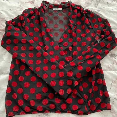 ZARA  Trafaluc red dots black sheer open front boho long sleeve blouse, size S