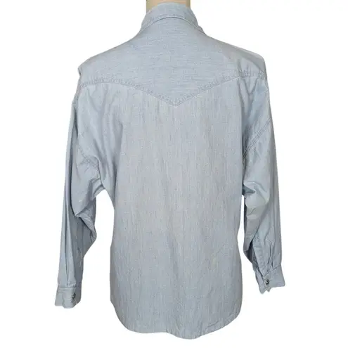 90s Vintage Embellished Denim Snap Button Up Shirt Light Wash Size Small Blue