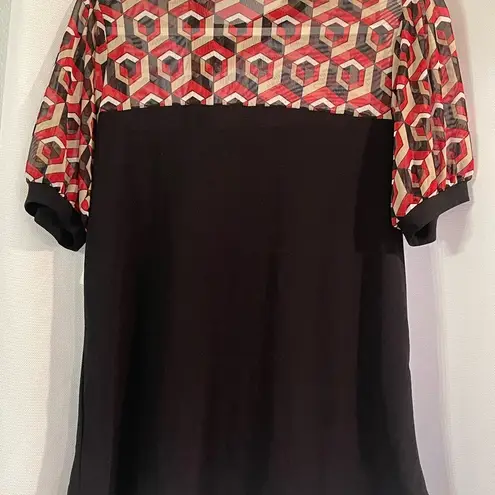 Orange Red Graphic Tie Front Blouse with Mandarin Collar Size M