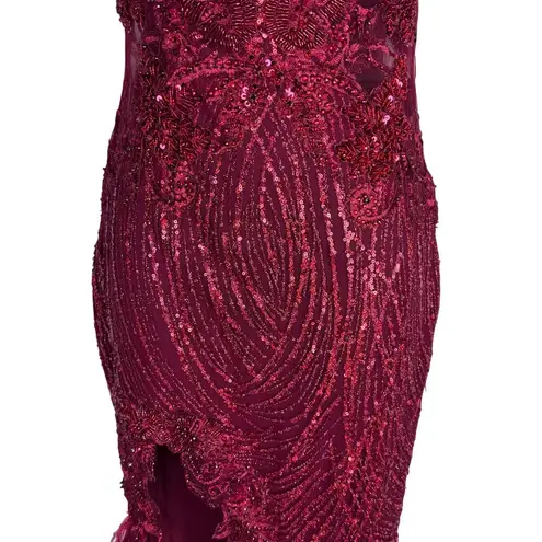 PORTIA AND SCARLETT Red Glitter Feather Gown Dress with Train PS21228 Size Size 0