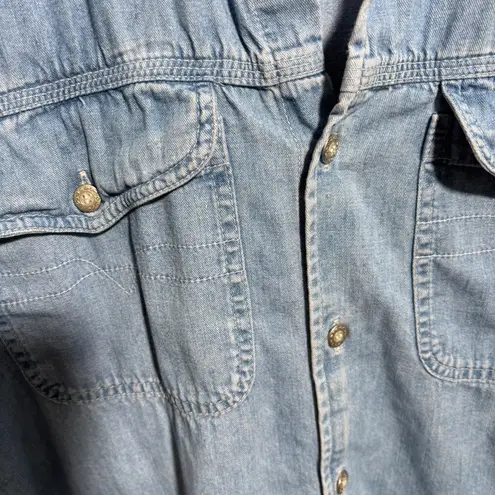 VTG Light Blue Denim Button Up Top Long Sleeve Retro Western Flap Pockets Boho L Size L