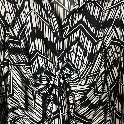 Studio 1940 Size L Black & White Geometric Print Tie-Front Collared Blouse