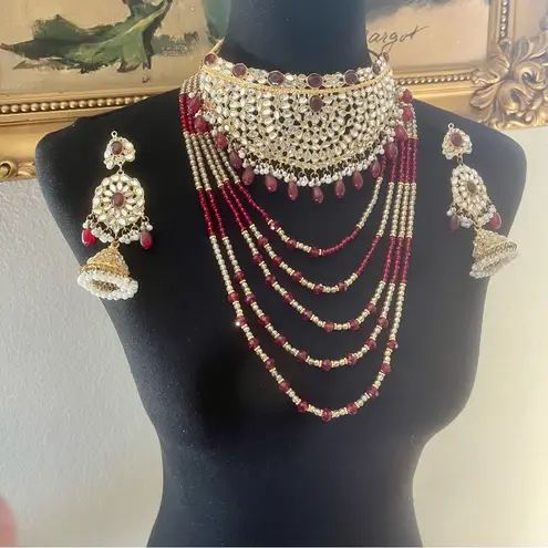 Indian Bollywood Style Gold Plated Wedding Fashion Bridal Jewelry Necklace Set Red
