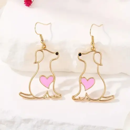 NEW Gold Dog Earrings with Pink Heart – Cute Pet Lover Dangle Jewelry