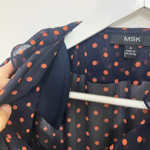 MSK Dress Size 4 Polka Dot Navy Pink Faux Wrap Ruffle Midi Short Sleeve Blue