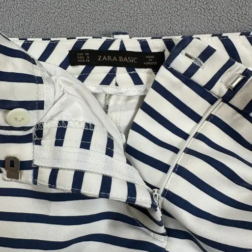ZARA BASIC Woman Pants 6 Ankle Navy White Striped Flat Front Side Slits Slim