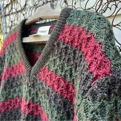 Vintage Campus Textured Knit V Neck Stripe Sweater Dark Maroon Navy Green LARGE