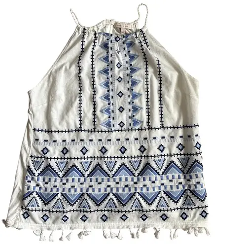 Skies Are Blue Nutria Embroidered Sleeveless Top White & Blue Size Large