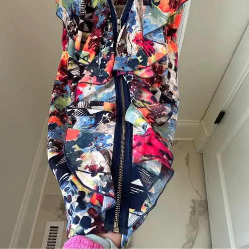 Prevett Colorful Abstract Print Front Zipper Sun Dress SZ Large Red