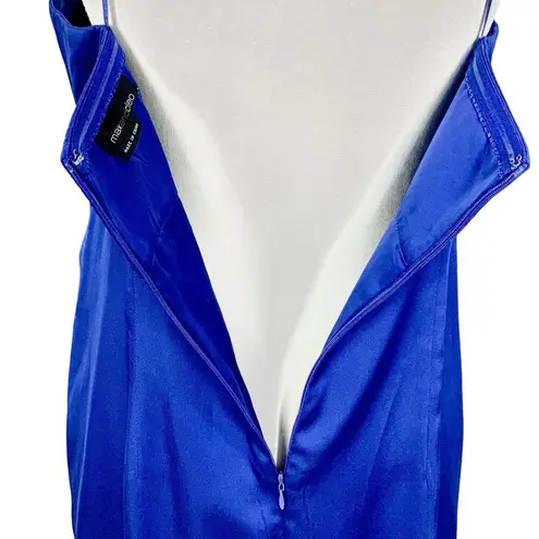 Max and Cleo Satin Mini Cocktail Dress Rosette Spaghetti Strap Size 10 Blue Prom