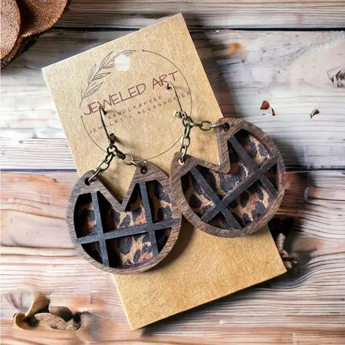 JEWELED ART Hand Painted Cheetah Pane Wood Earrings Rustic Farmhouse Leather