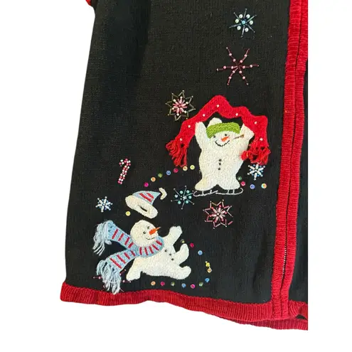 White Stag Holiday Knit Vest Snowmen Frolicking Sequins Beads Embroidered Black