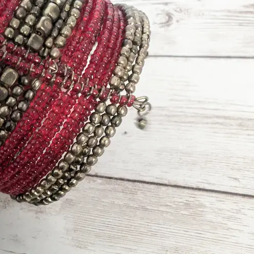 Vintage Wrap Bracelet Statement Brass Tone & Red Beads