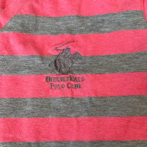 Beverly Hills Polo Club Pink Gray Striped V-Neck Tee Women’s Size L Large Casual