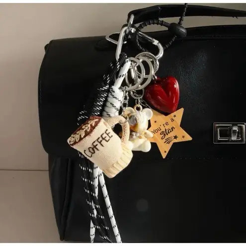 Cute Coffee Cup & Bear Keychain Set with Heart Charm and Ropes – Aesthetic Bag