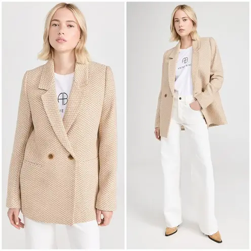 ANINE BING ππ Tweed Double Breasted Fishbone Blazer ~ Tan & Cream XL