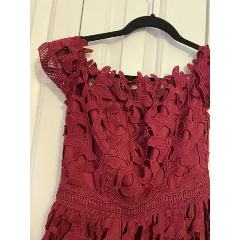 Chi Chi London Burgundy Lace Floral Midi Dress Off Shoulder Design Womens Size S