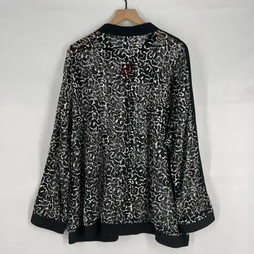Black & White Avenue Sheer Bomber Jacket Womens 26/28 (3X) Black White Leopard Print Full Zip