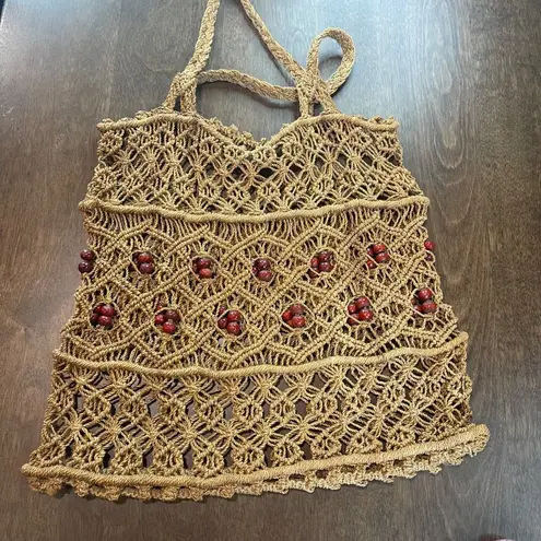 Handmade Vintage Crocheted Jute Handbag Woven Tote Bag Beaded Purse Bohemian