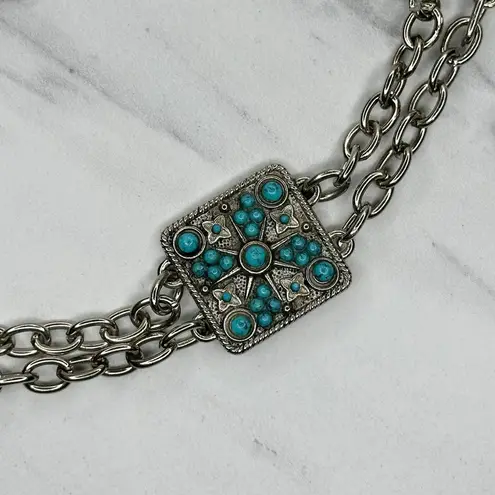 Faux Turquoise Studded Square Silver Chain Link Belt One Size (OS) ✨