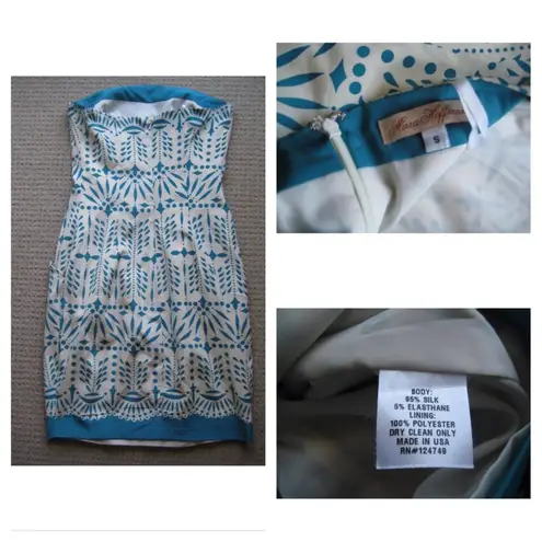 Mara Hoffman Silk Lace Print Strapless Mini Cream Small Ivory Blue Vintage S